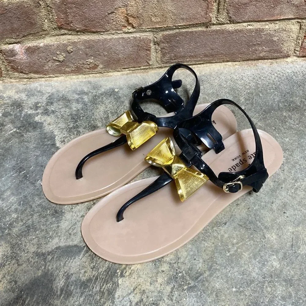 Kate Spade New York Black Rubber T-Strap Thong Sandal Size 9 New