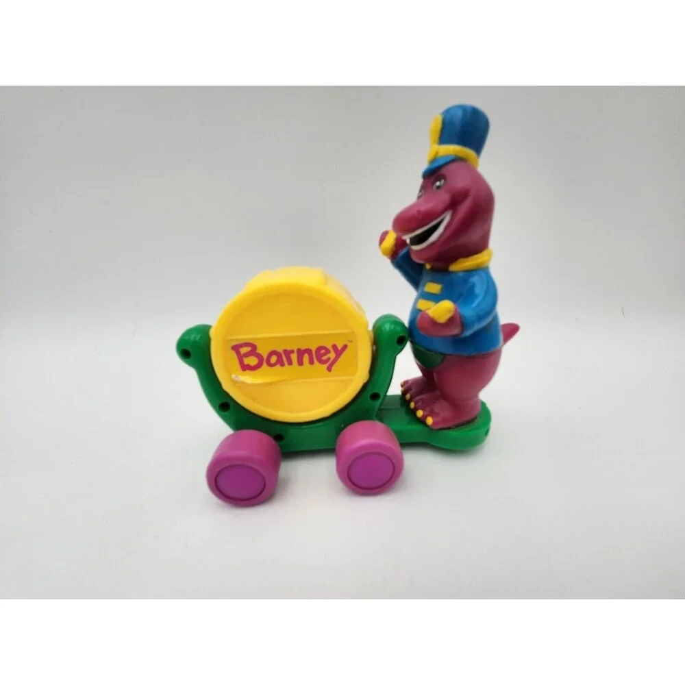 Vtg‎ Barney The Dinosaur Drum band Rolling Clicking Cart Toy 1997 Lyons
