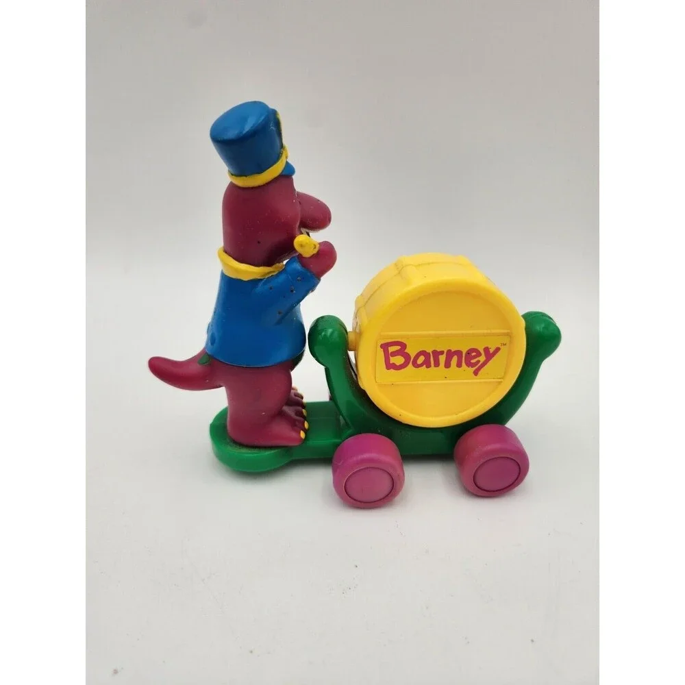 Vtg‎ Barney The Dinosaur Drum band Rolling Clicking Cart Toy 1997 Lyons