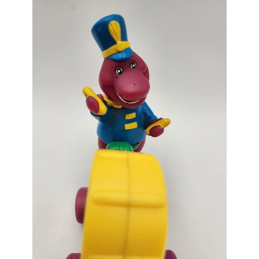 Vtg‎ Barney The Dinosaur Drum band Rolling Clicking Cart Toy 1997 Lyons