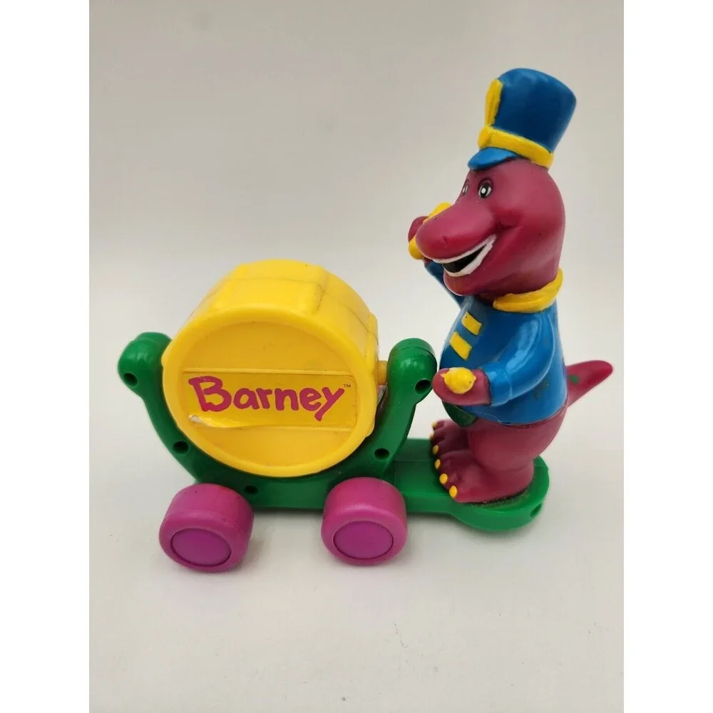 Vtg‎ Barney The Dinosaur Drum band Rolling Clicking Cart Toy 1997 Lyons