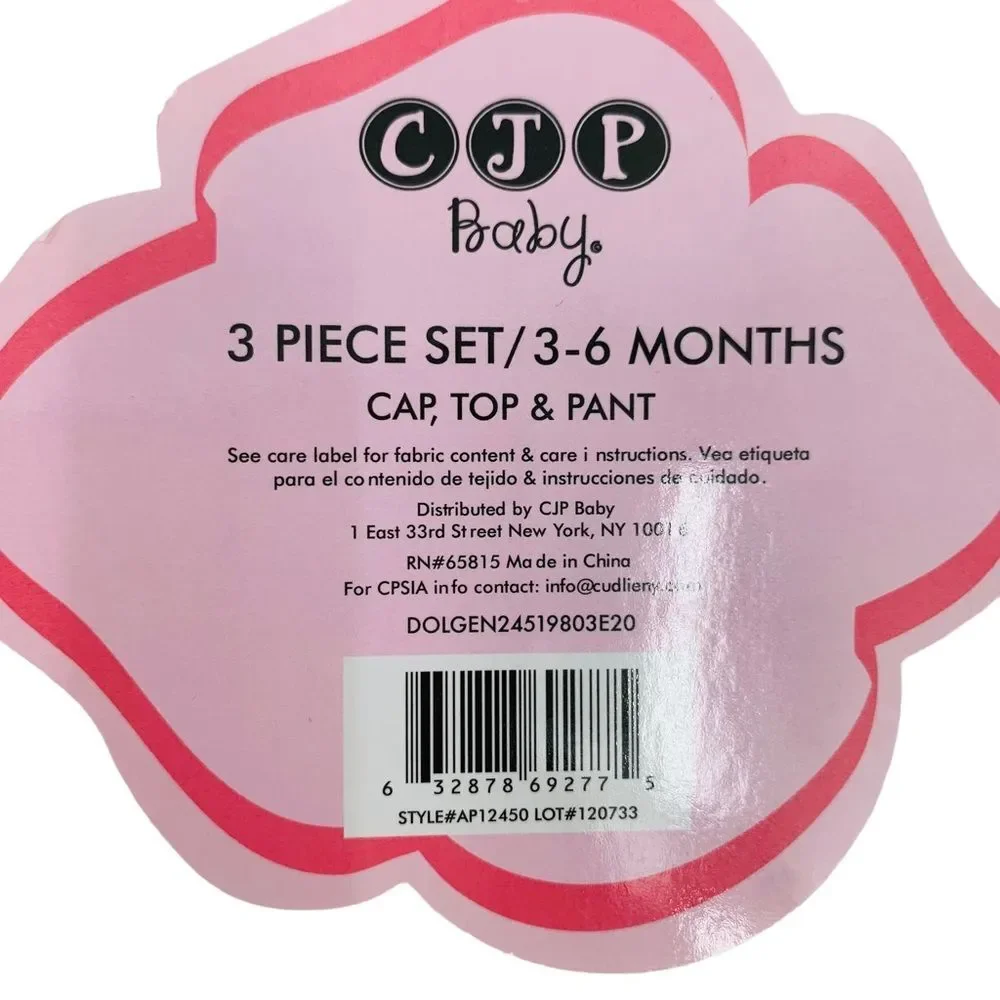 Baby Girl 3 Piece Set, Top, pant, & Cap Size 3-6 mos.
