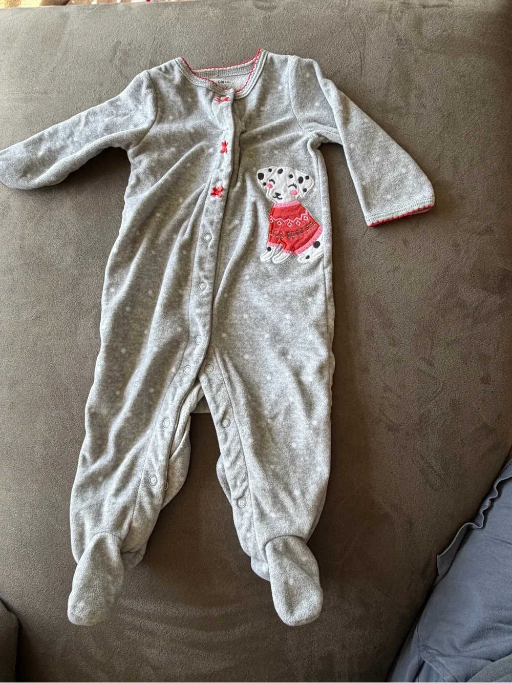 Carters Grey Footed One-Piece with Dog Applique - Cozy Snap Front Fleece