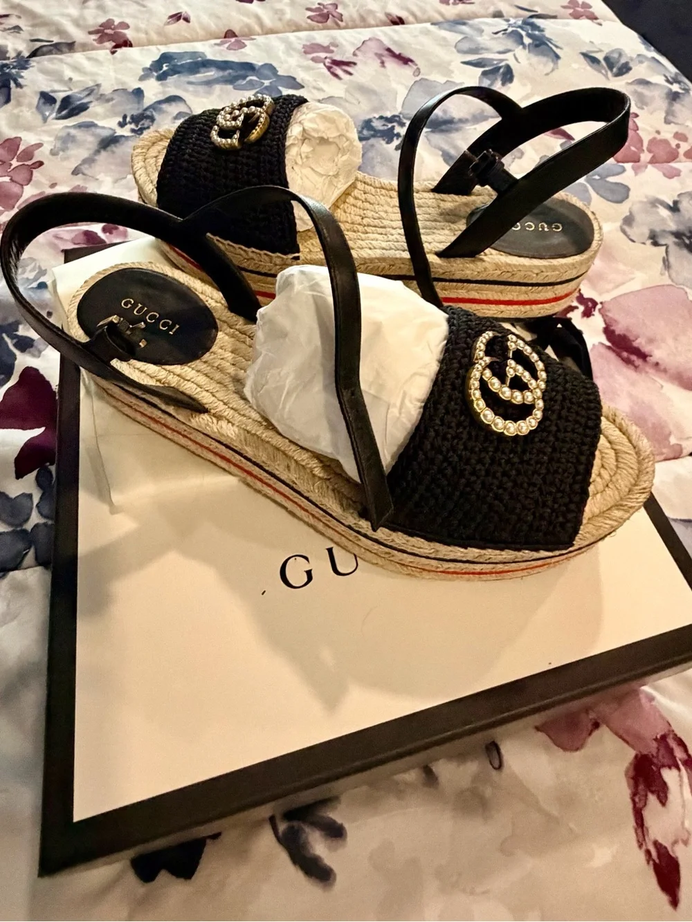 Gucci Black crochet espadrille wedges with Pearl GG Logo and Jute Sole NWOT