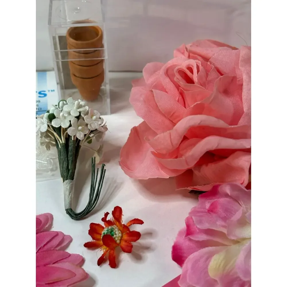 Crafting Lot Flower Fairy Garden Ribbon Roses Floral Flower Pots Craft Pink