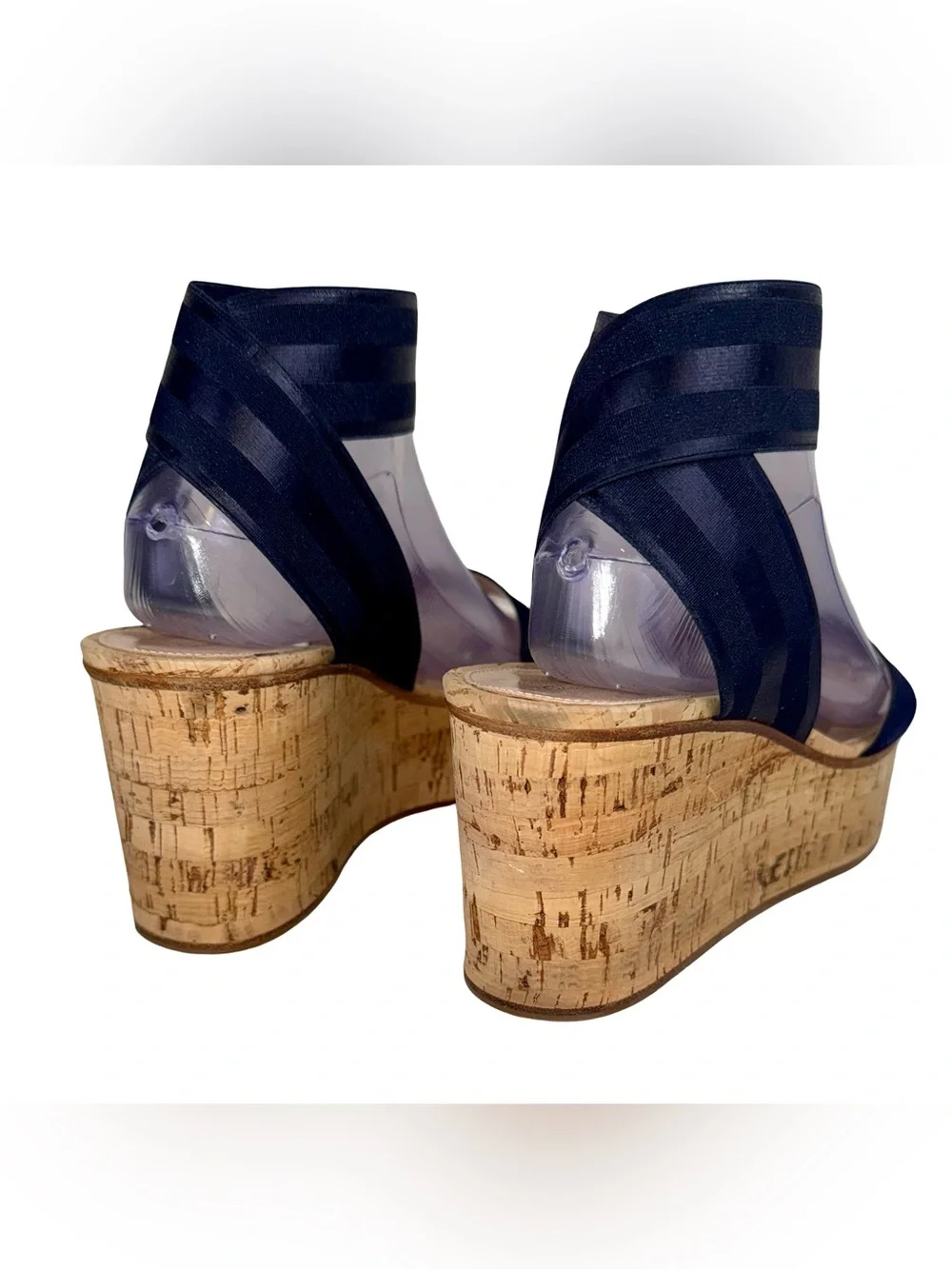GIANVITO ROSSI CORK WEDGE SANDALS WITH DENIM BLUE ELASTIC ANKLE STRAP