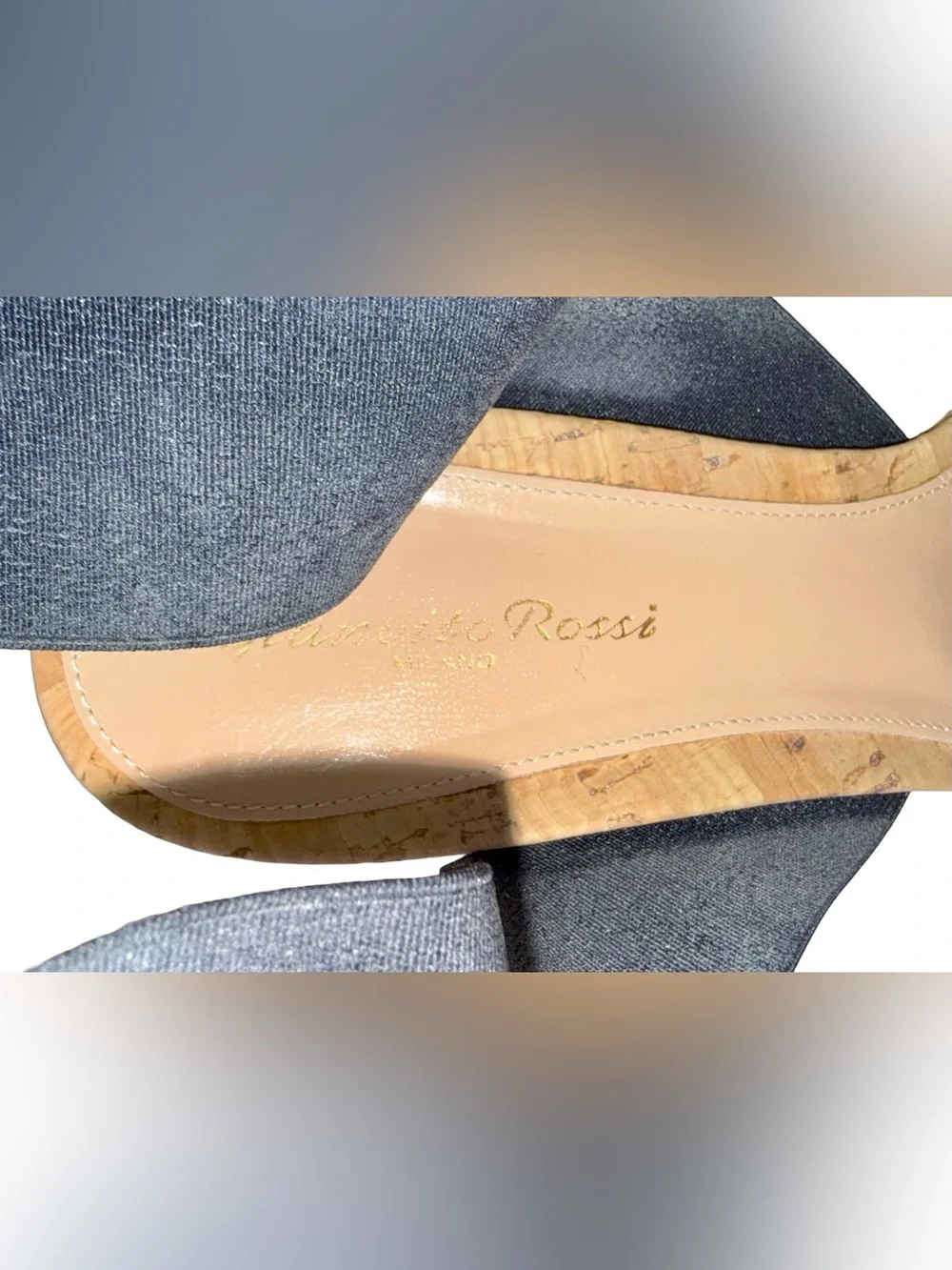 GIANVITO ROSSI CORK WEDGE SANDALS WITH DENIM BLUE ELASTIC ANKLE STRAP