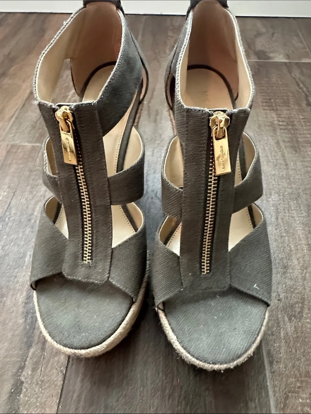 MICHAEL Michael Kors Olive Green Espadrille Wedge Sandals with Front Zipper