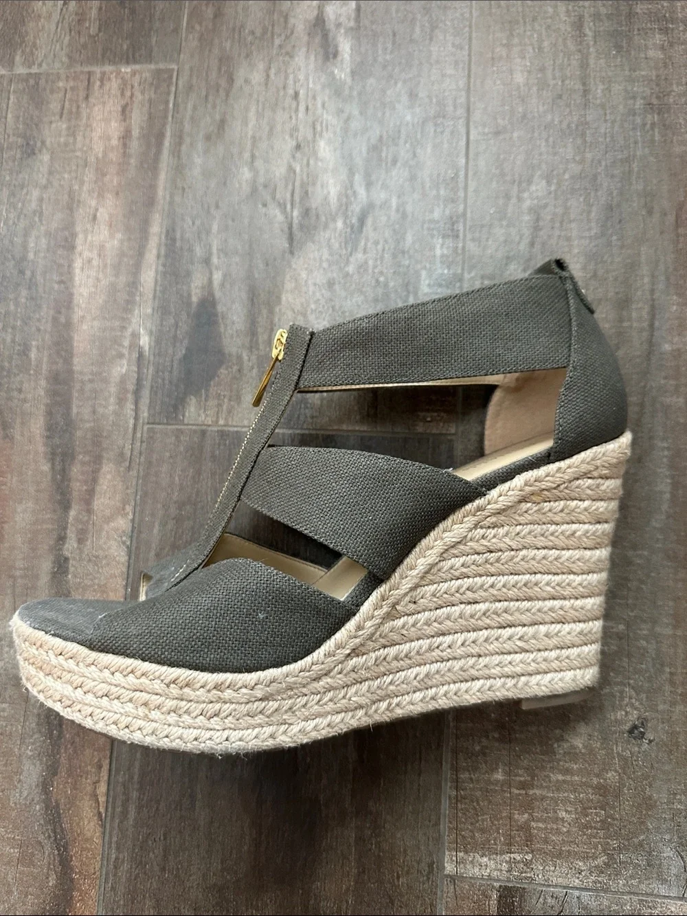 MICHAEL Michael Kors Olive Green Espadrille Wedge Sandals with Front Zipper