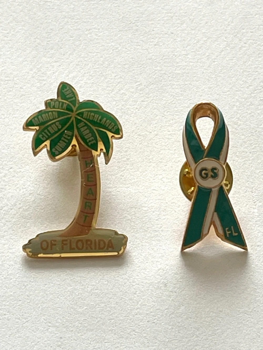 2 Girl Scouts Pins Heart of Florida Palm Tree GS FL Green Ribbon