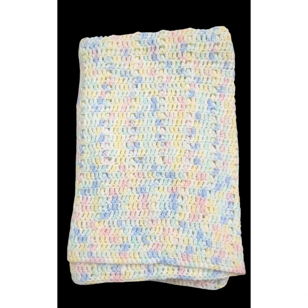 vintage handmade crochet pastel baby‎ blanket pink blue yellow 40x33 Afghan