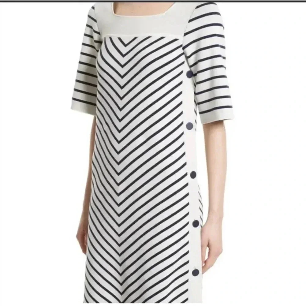 Tory Burch White &‎ Blue Half Sleeve Square Neck Anya Chevron Dress Size XS