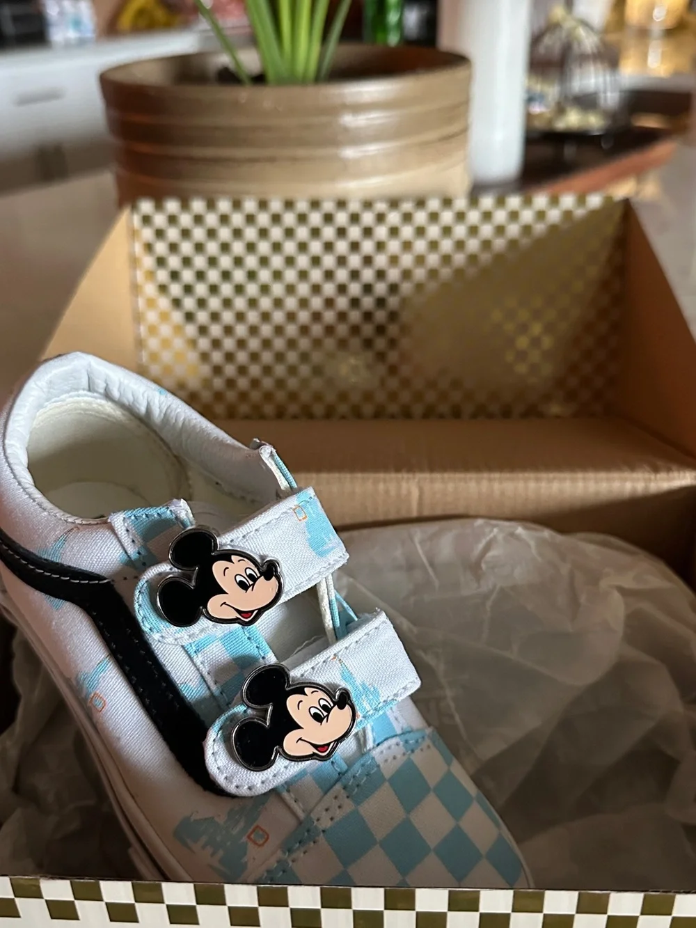 Kids Mickey Mouse Blue & White Velcro VANS Sneakers — NEVER WORN, size kid 12