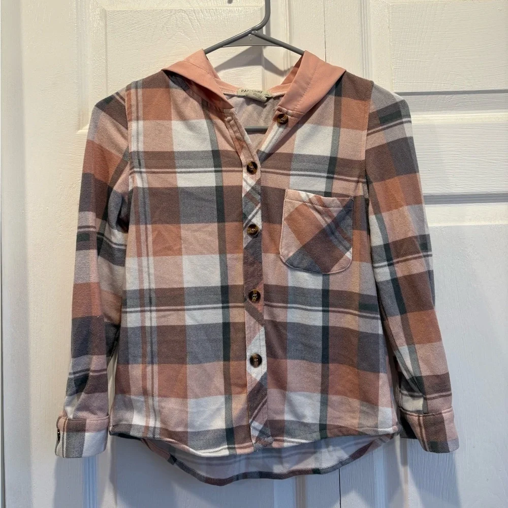 Passport Girl Pink and Gray Plaid Shacket With Hood - Size Small (7/8)