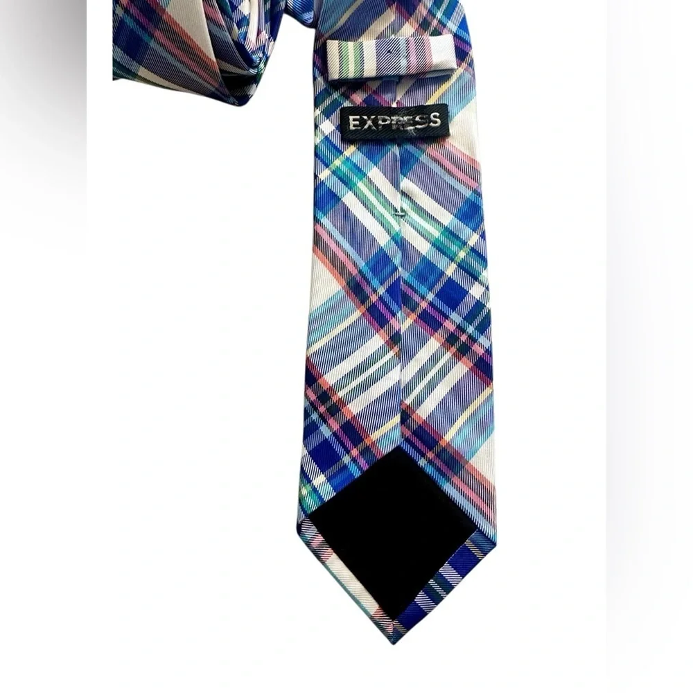 Express 100% Silk Plaid Tie - White Blue Red - Preppy