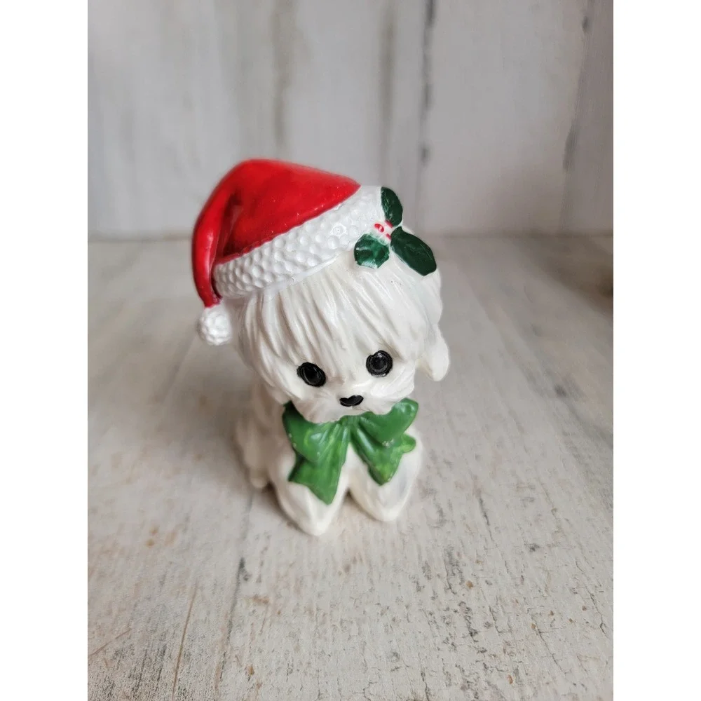 Lefton vintage white Maltese dog puppy Xmas mistletoe Santa hat figure