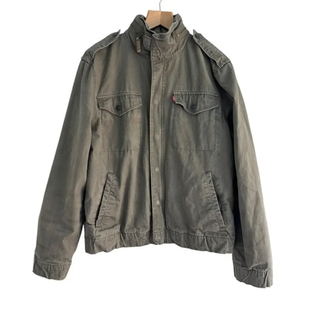 Vintage Levi’s Men's Sz M Olive Green Military Jacket Full Zip Front Zip Hood
