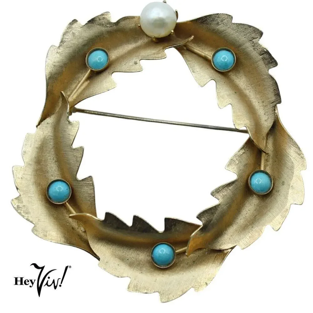 Vintage Pin Brooch Classic Wreath Leaf Design w Blue Beads Pearl 2.25