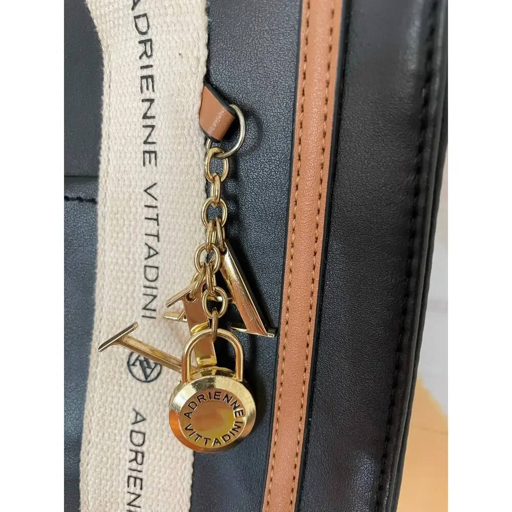 Adrienne Vittadini Montauk Tote Black Logo Strap Purse AV Charm