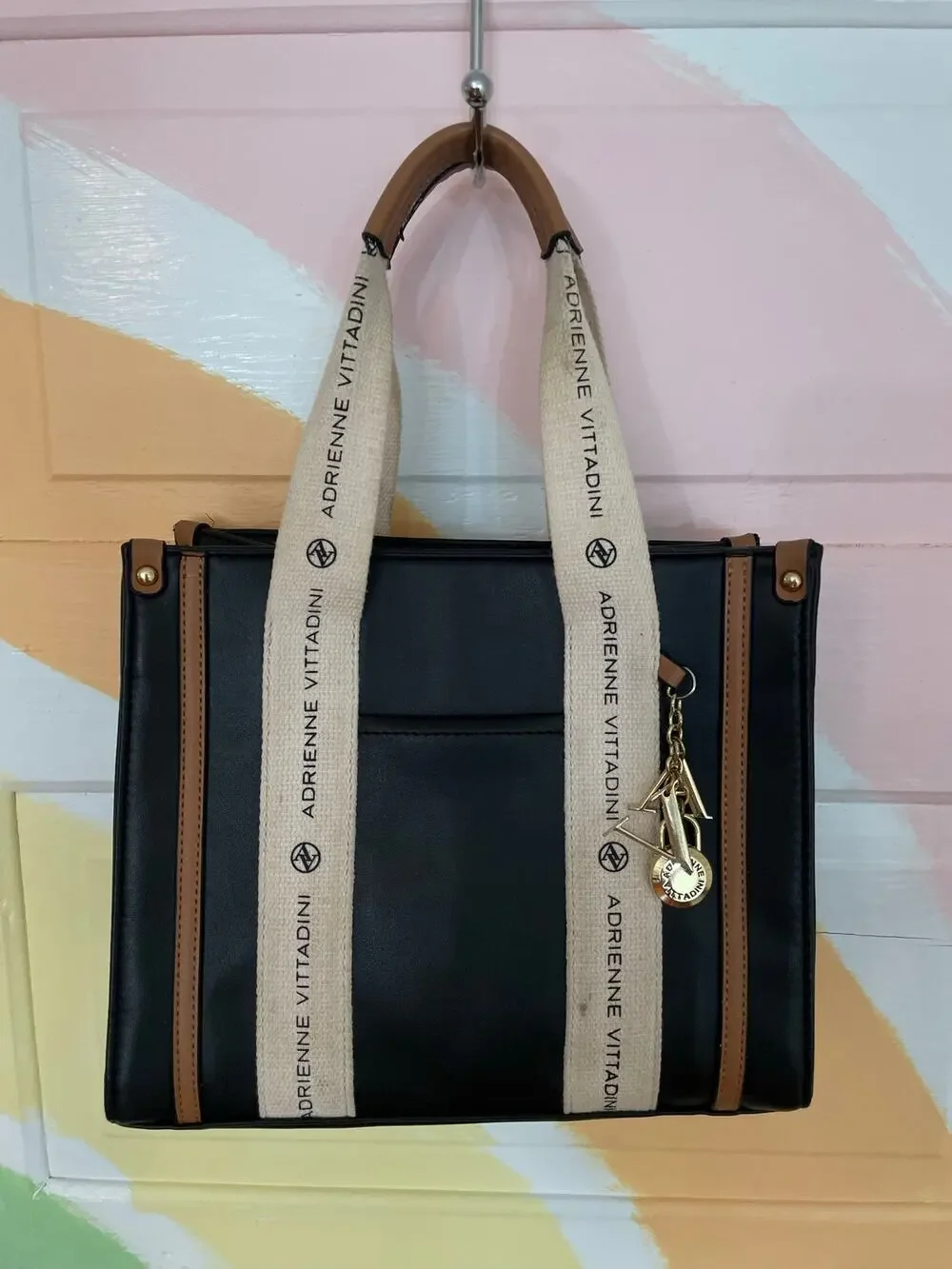 Adrienne Vittadini Montauk Tote Black Logo Strap Purse AV Charm