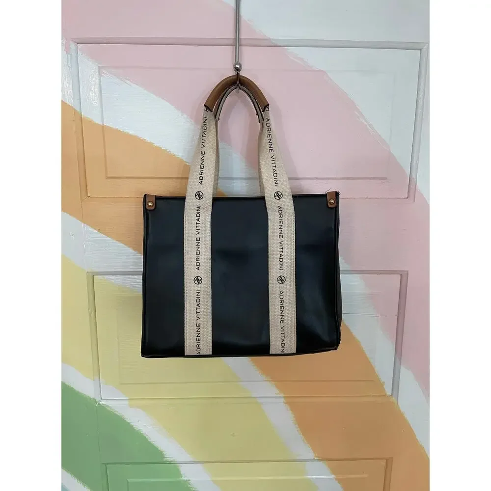 Adrienne Vittadini Montauk Tote Black Logo Strap Purse AV Charm