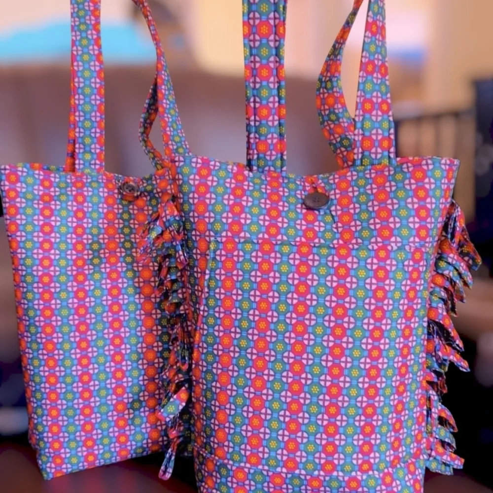 Red and Pink Geometric Tote Bag with Fringe