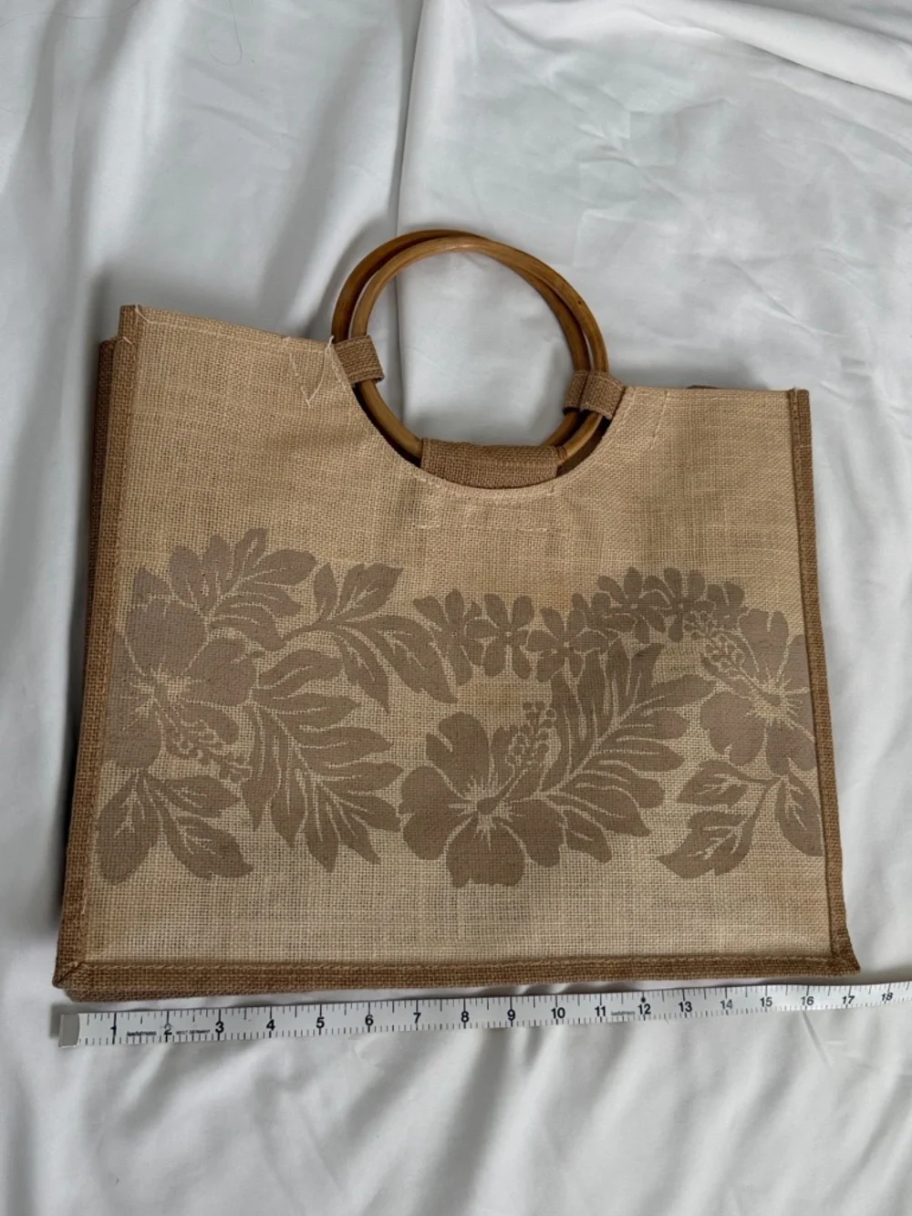 Bamboo-Handled Jute Tote with Floral Motif - Natural Tan