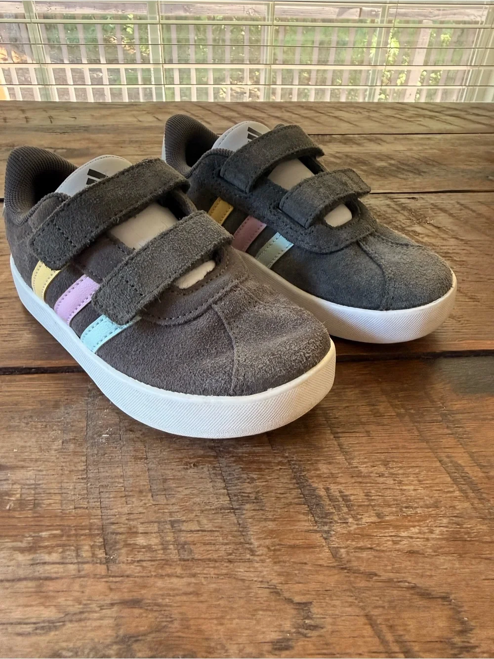 adidas Kids Gray Suede Sneakers with Pastel Stripes