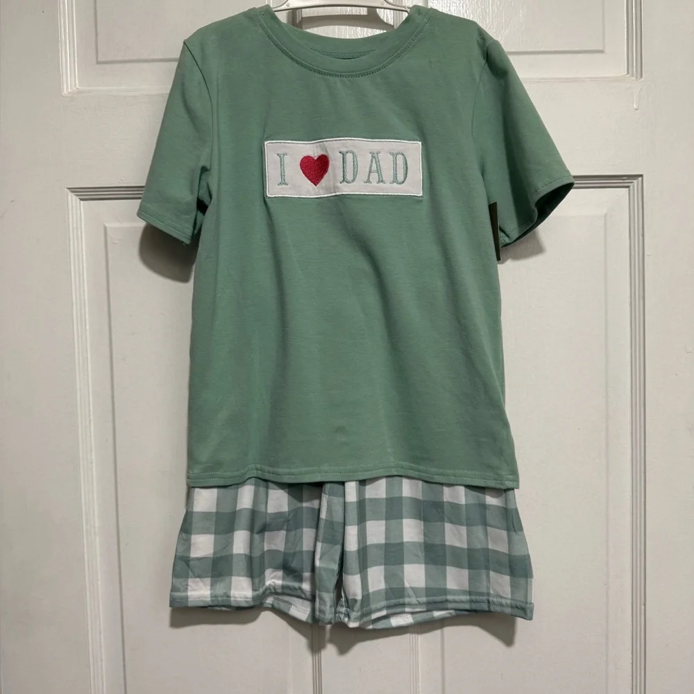 NEW 7-8 Boys I Love Dad Embroidered Shorts Green Gingham‎ Fathers Day Outfit