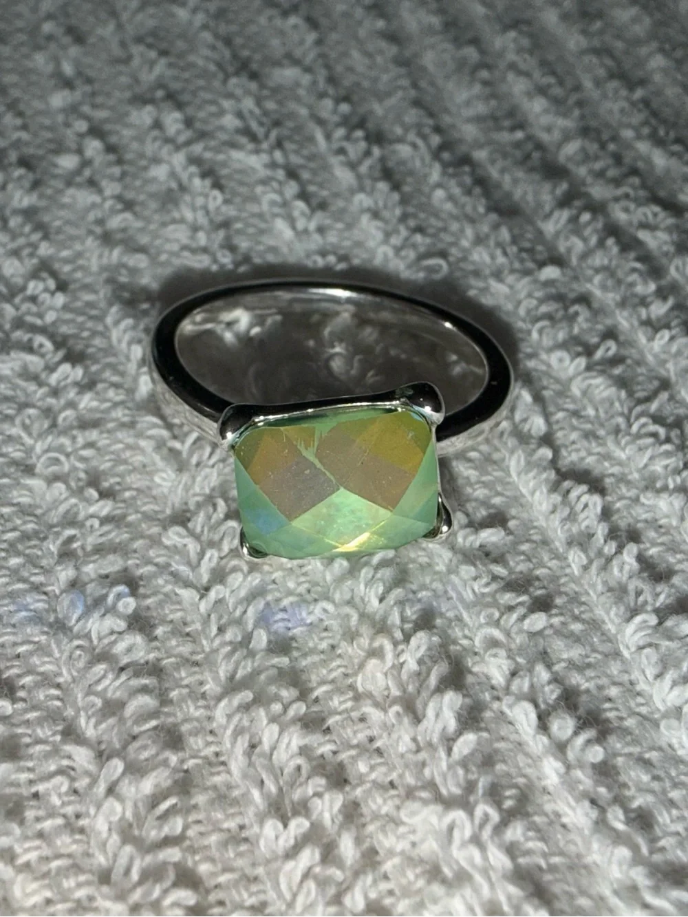 Source Unknown Silver Ring with Green-Yellow Iridescent Square Stone