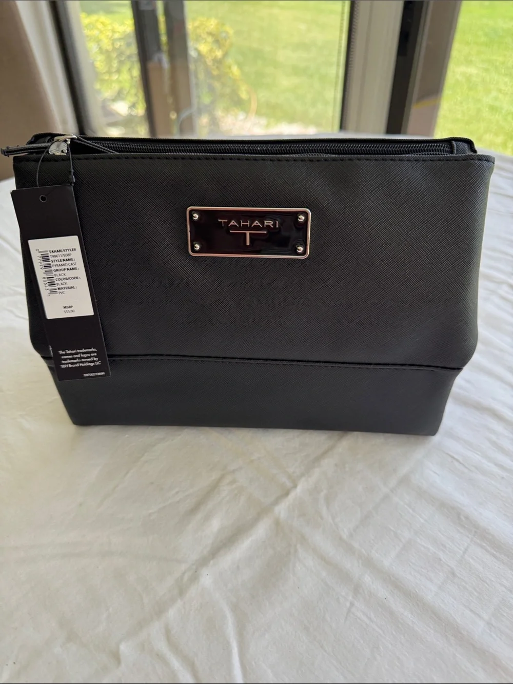 Tahari Black Textured Cosmetic Pouch with Logo Plaque