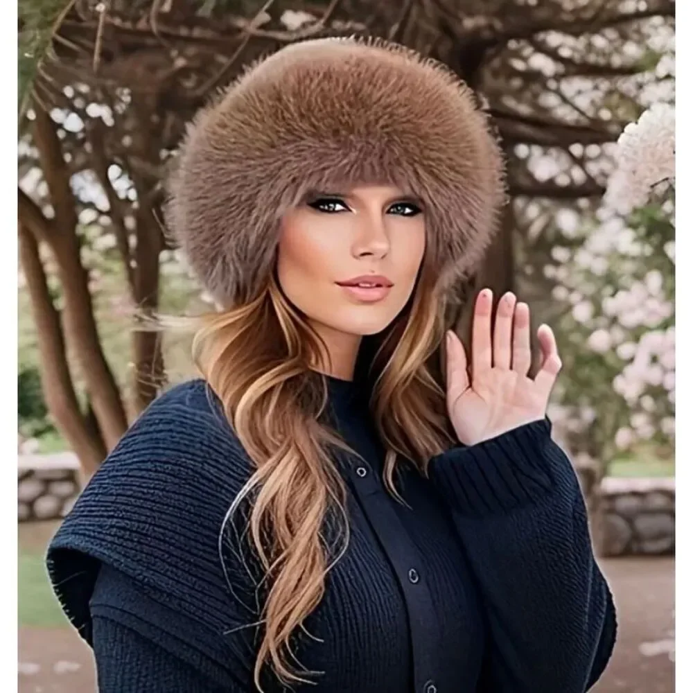 Brown Faux Fur Wide Brim Winter Hat-One Size