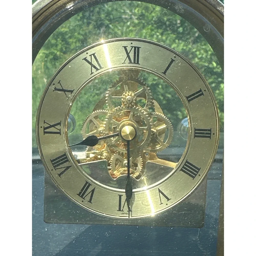 Sunbeam Quartz Skeleton Mantel Clock Arched Brass Tone Visible Gears 882-600