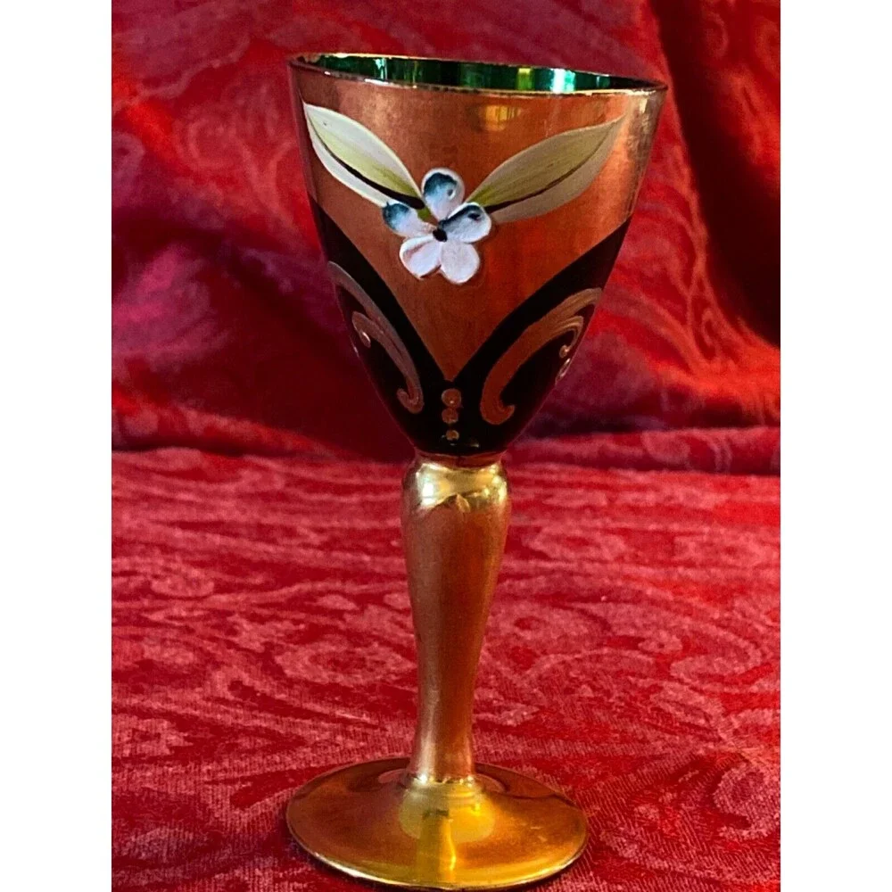 Vintage Antique Murano Green Hand Painted Wine Glass 24kt gold - Replacement - K
