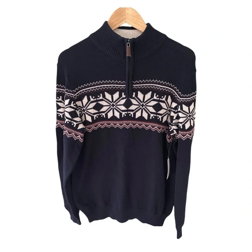 Aspen Long Sleeve Navy Quarter Zip Fair Isle Snowflake Sweater NWT Size S