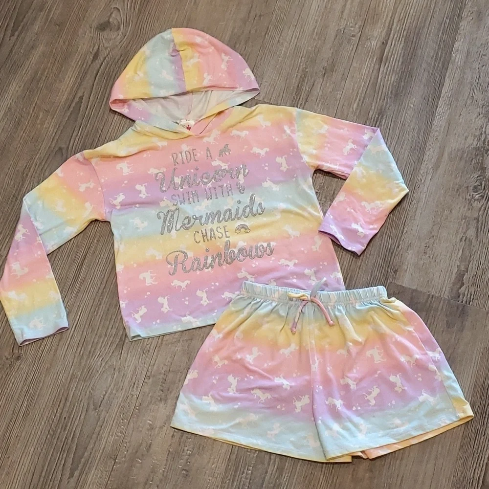 Jenna & Jessie Ride a Unicorn Swim with Mermaids Chase Rainbows Pajamas Size 10