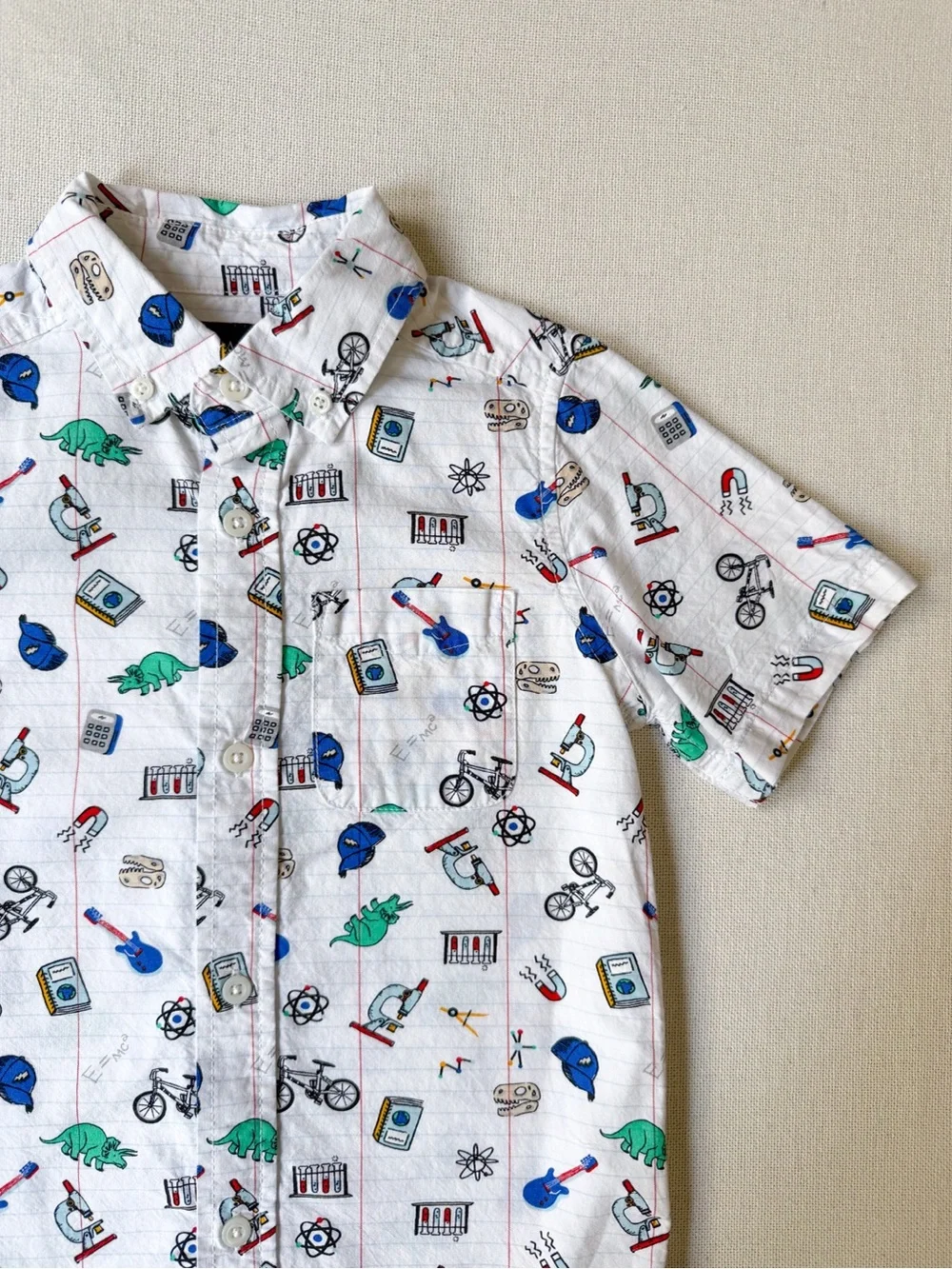 AOP School Science Dinosaur Print Short Sleeve Cotton Button Shirt