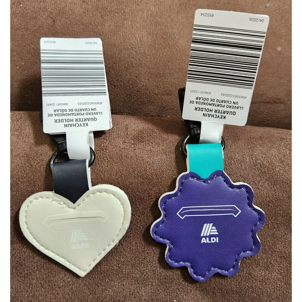 2 New Aldi Keychain Quarter Holder Keeper Clip White/Black Heart & Pink Daisy
