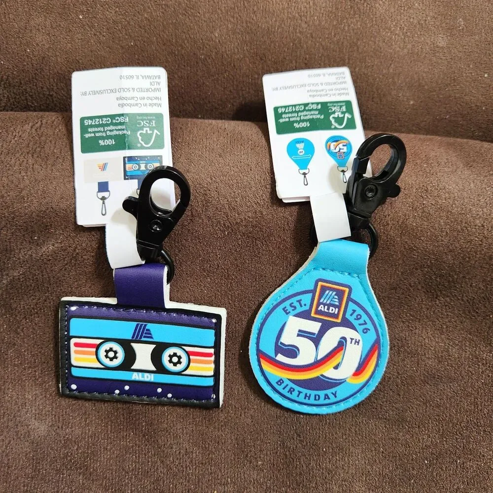2 New Aldi Keychain Quarter Holder Keeper Clip 50th Blue  & Retro Cassette Tape