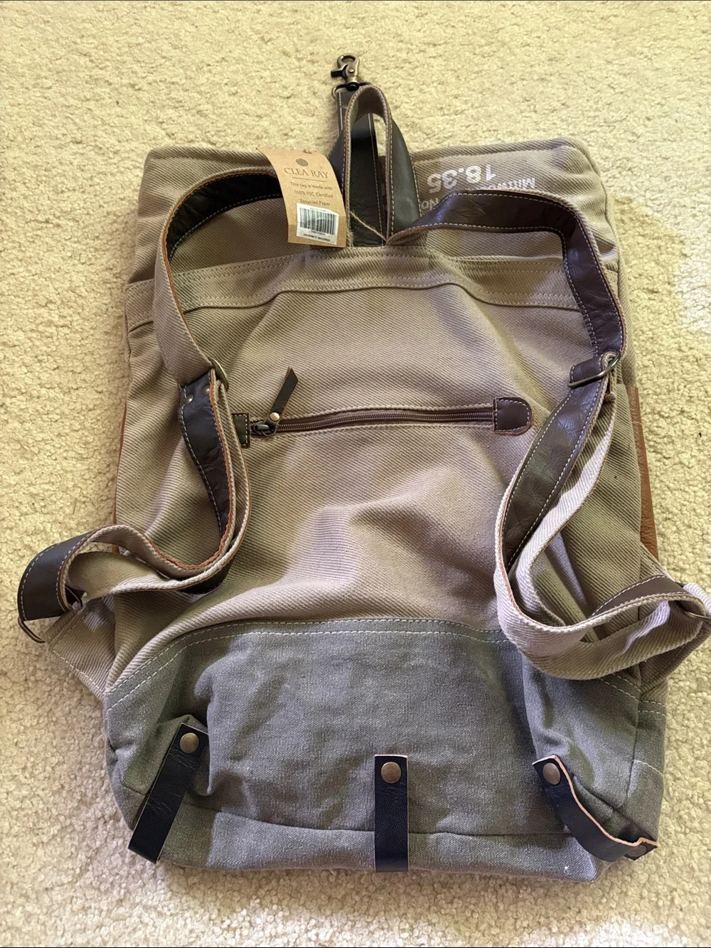 New Clea Ray University 34 Canvas & Brown Leather Roll-Top Backpack