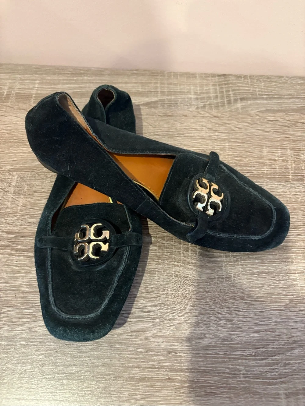 Tory Burch Black Suede Loafers with Gold Logo Medallion
