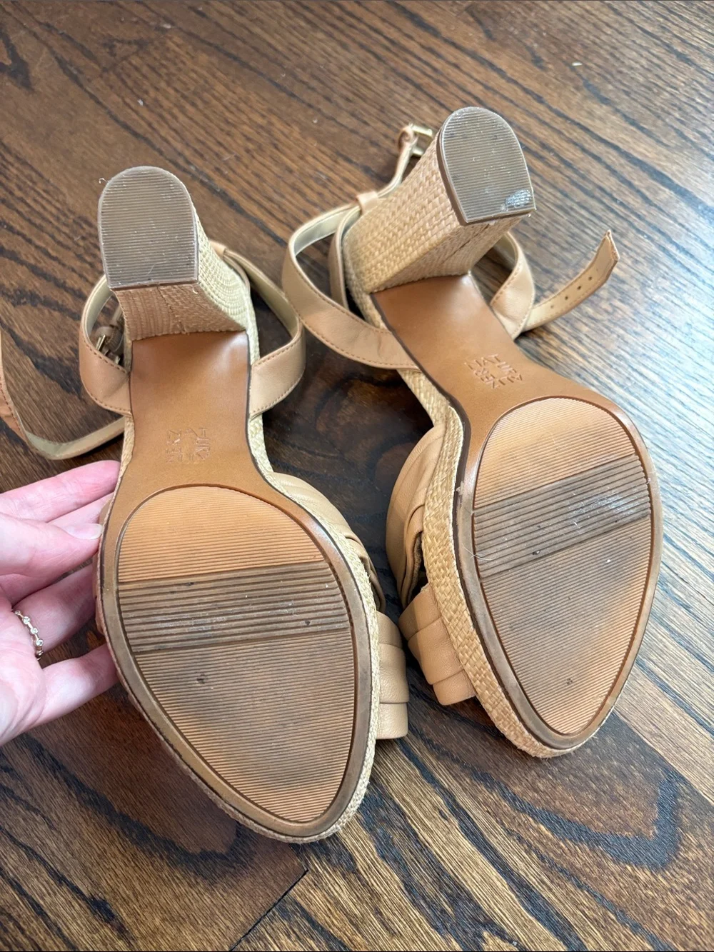 Naturalizer Tan Leather Wedge Sandals with Ankle Strap - Size 8.5W