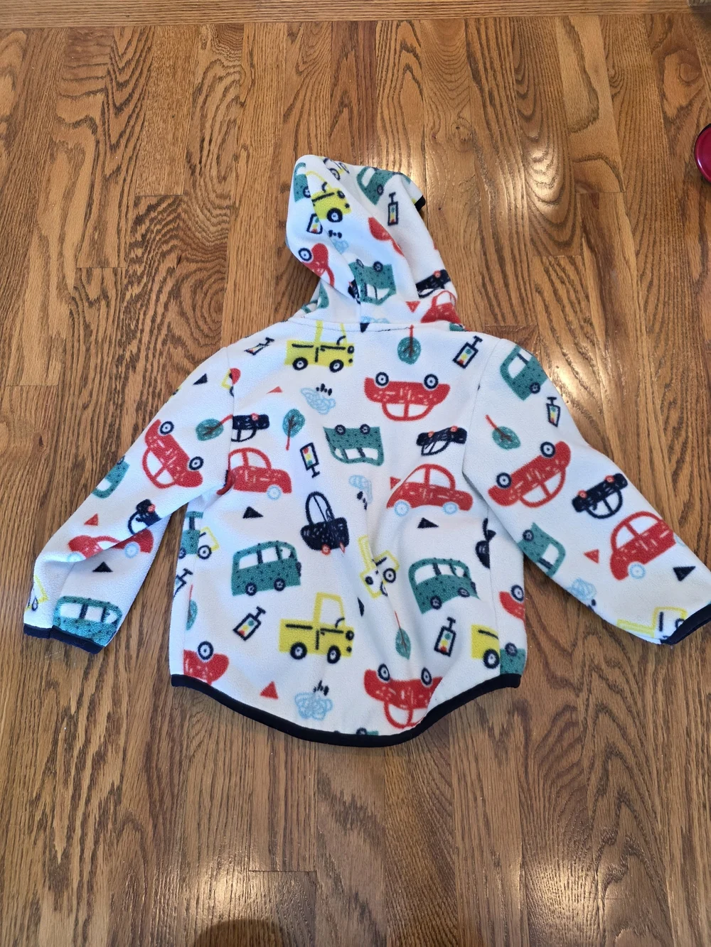 Kids Hooded Fleece Jacket in White with Multi-Color Car Print