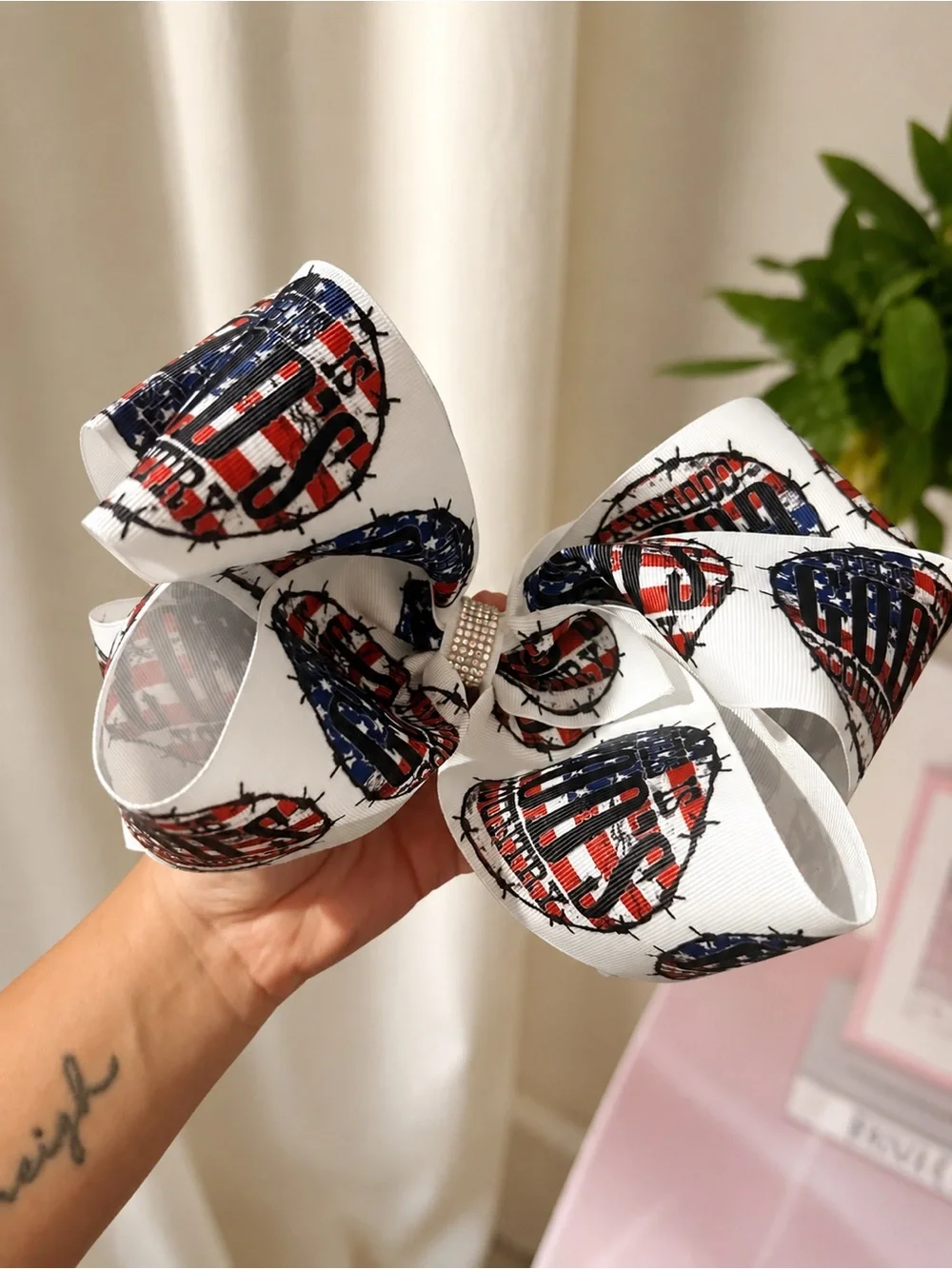 White Patriotic Print Hair Bow for Kids