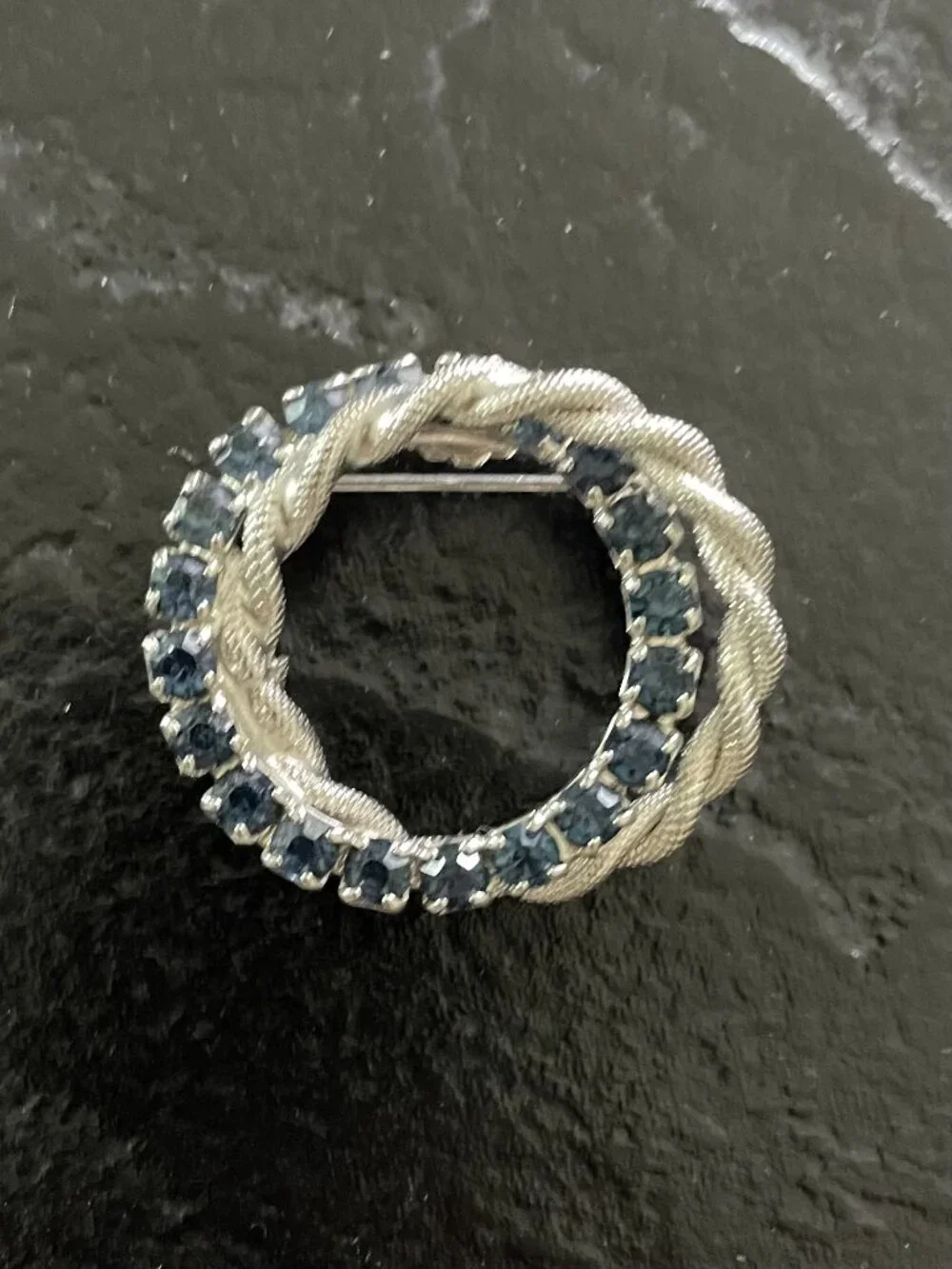 Vintage Double Circle Silver-Tone & Blue Rhinestone Brooch