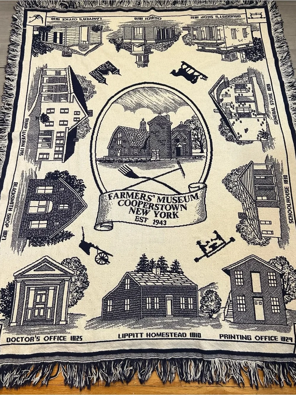 Vtg Farmers Museum Cooperstown NY Tapestry Throw Blanket Fringe 44x60 Cottage