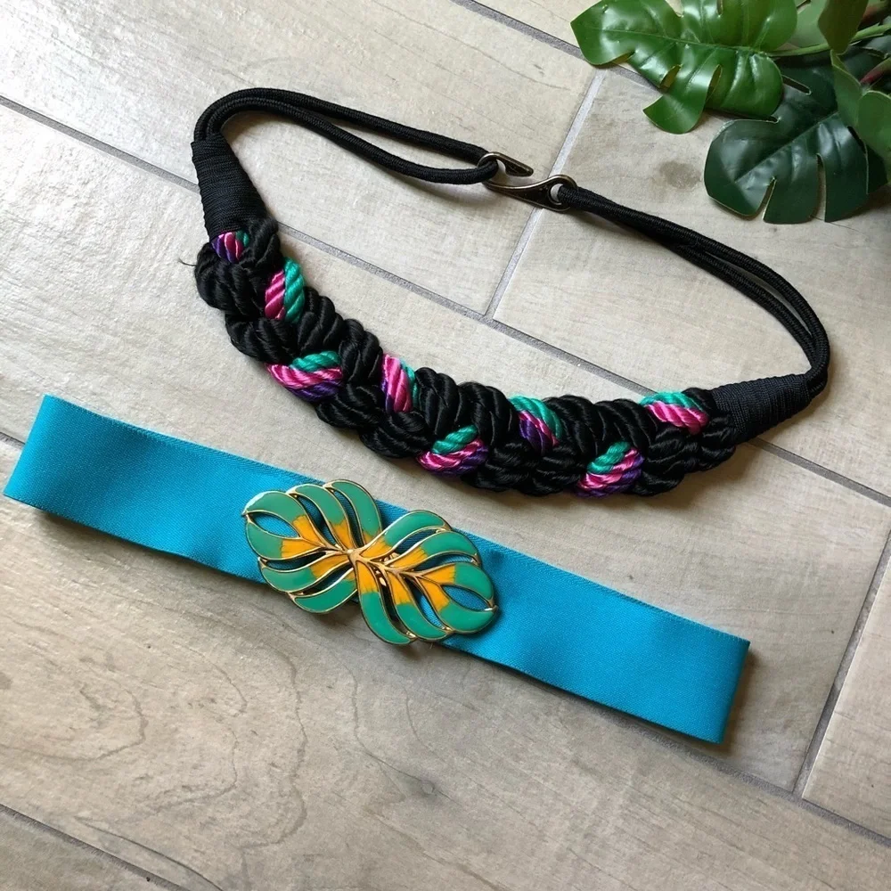 Vintage belts bundle - teal leaf and magenta blue braid.