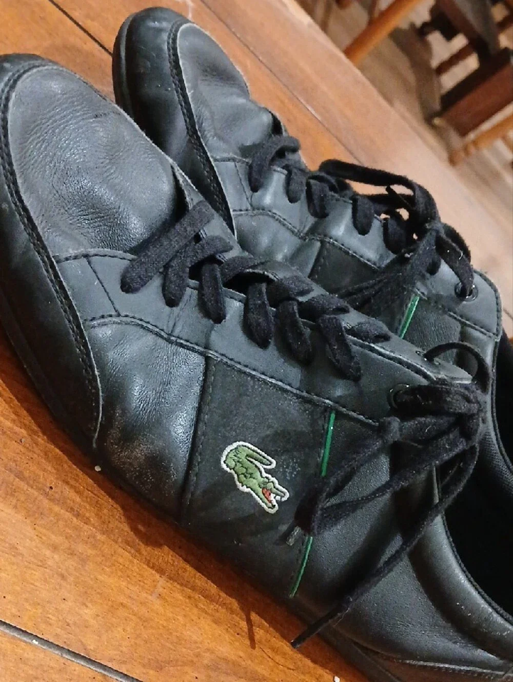 Lacoste Men’s Black Leather Sneakers with Green Inners and Trim