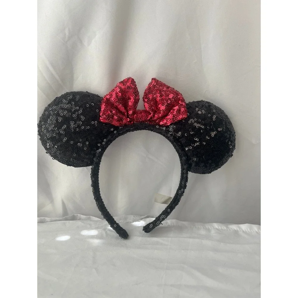 Disney Parks Minnie Mouse Ears Black Sequin Red Bow Headband