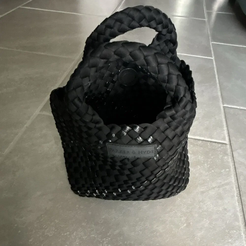 PARKER & HYDE Black Woven Braided Satchel Top Handle Bag w Pouch Magnetic 13x7